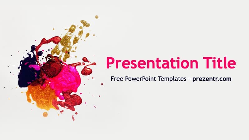 Creative PPT Design template cover slide with vibrant watercolor splashes in magenta, gold, and navy