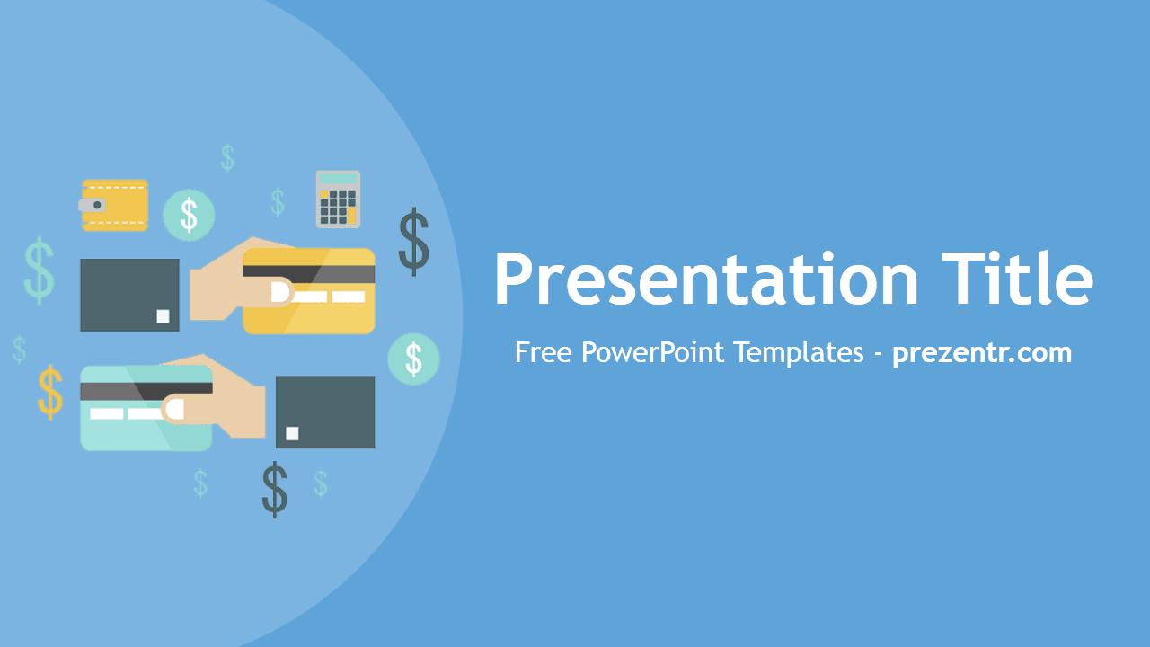 Credit Cards PowerPoint Template cover slide with blue background, financial icons, and payment cards illustration