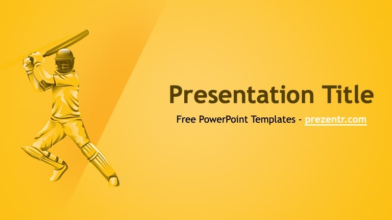 Gold cricket player batting on yellow background with Cricket PowerPoint Template title and presenter attribution