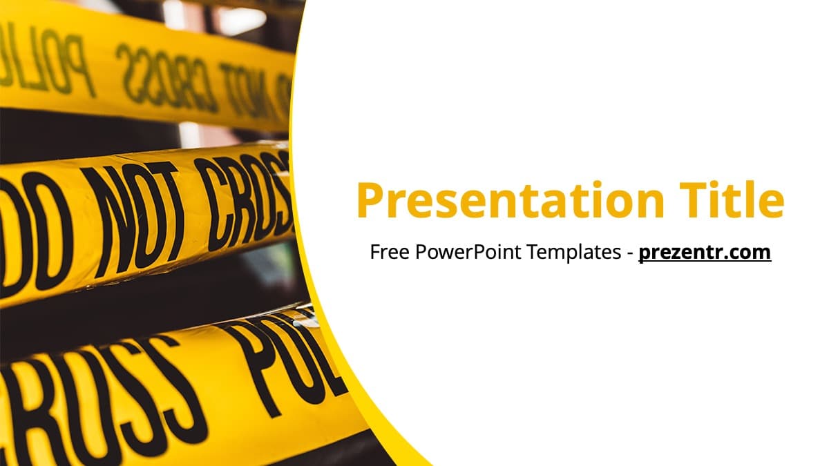 Crime PowerPoint Template cover slide with yellow and black police tape design
