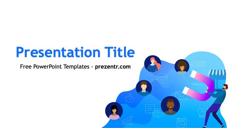 CRM PowerPoint Template cover slide with blue gradient background, illustrated people icons, and magnet graphic