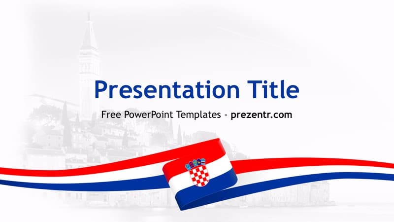 Croatia PowerPoint template cover slide with red-white-blue flag waves and cityscape background