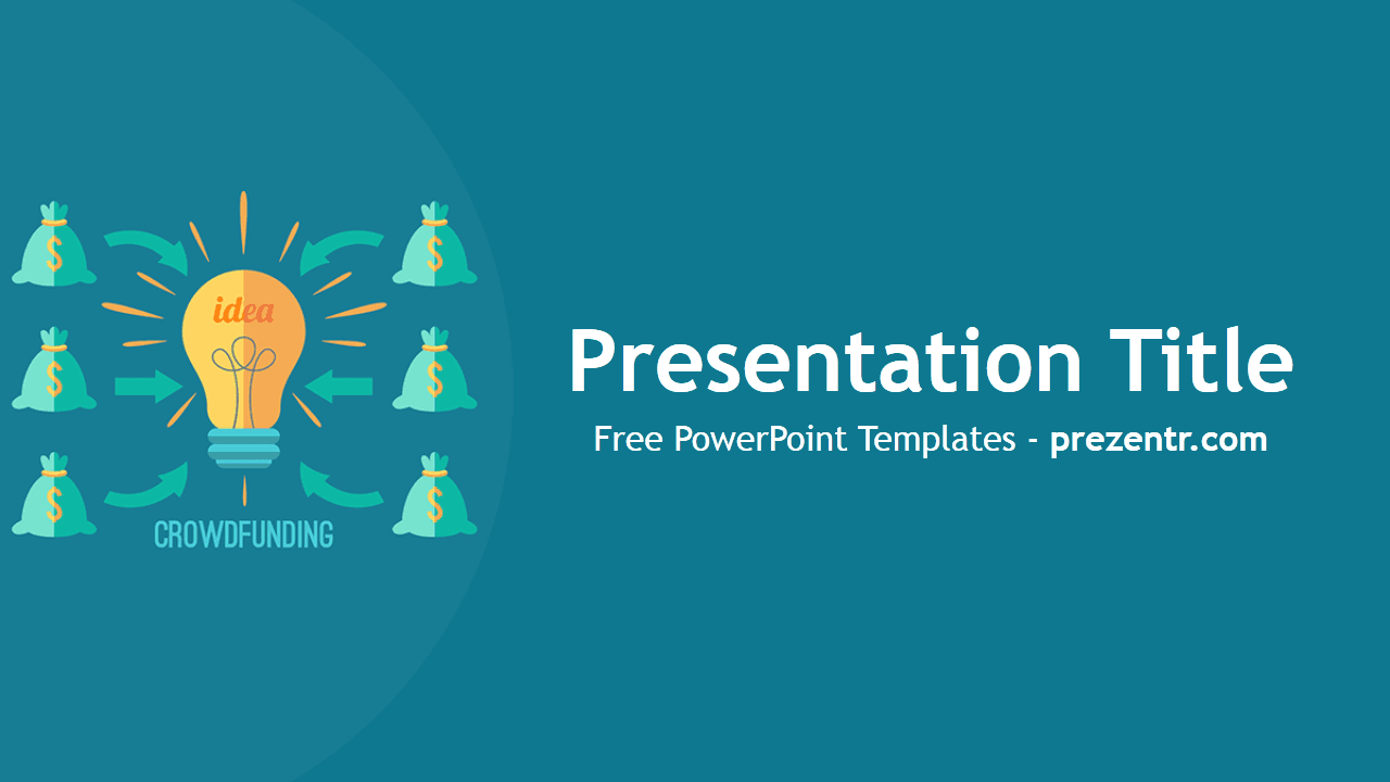 Crowdfunding PowerPoint template cover slide with teal background, lightbulb idea icon, and money bag graphics