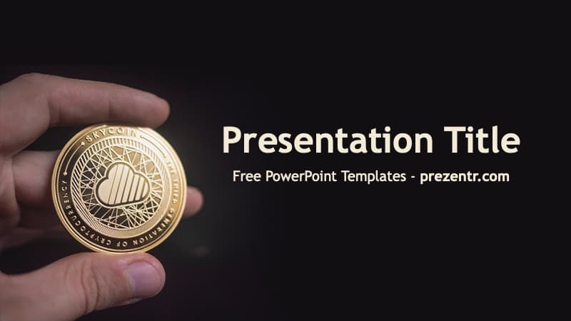 Cryptocurrency PowerPoint Template cover slide: hand holding gold coin on black background