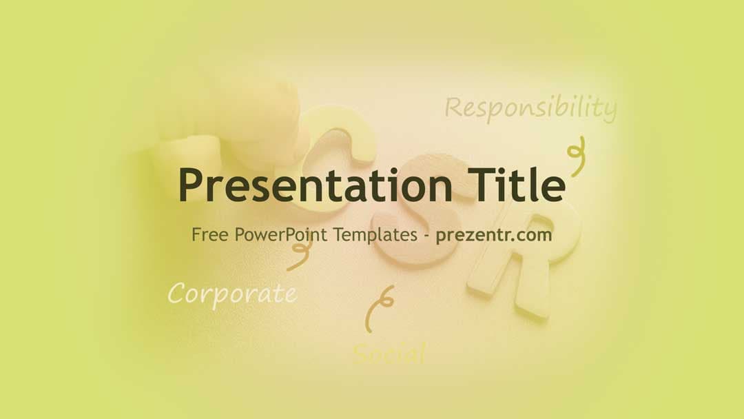 CSR PowerPoint Template cover slide with yellow gradient background and corporate responsibility icons