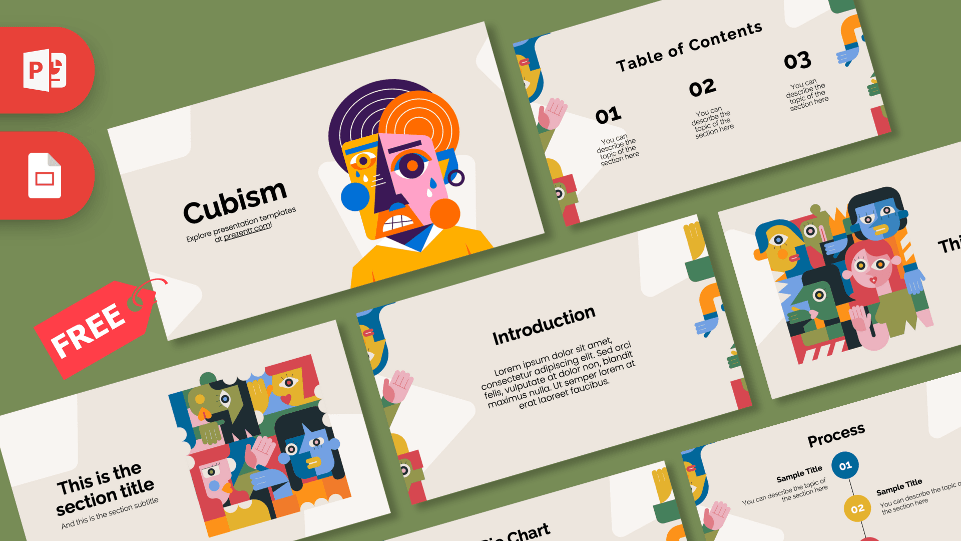 Cubism PowerPoint template cover with colorful abstract geometric face illustration in blue, orange, and yellow