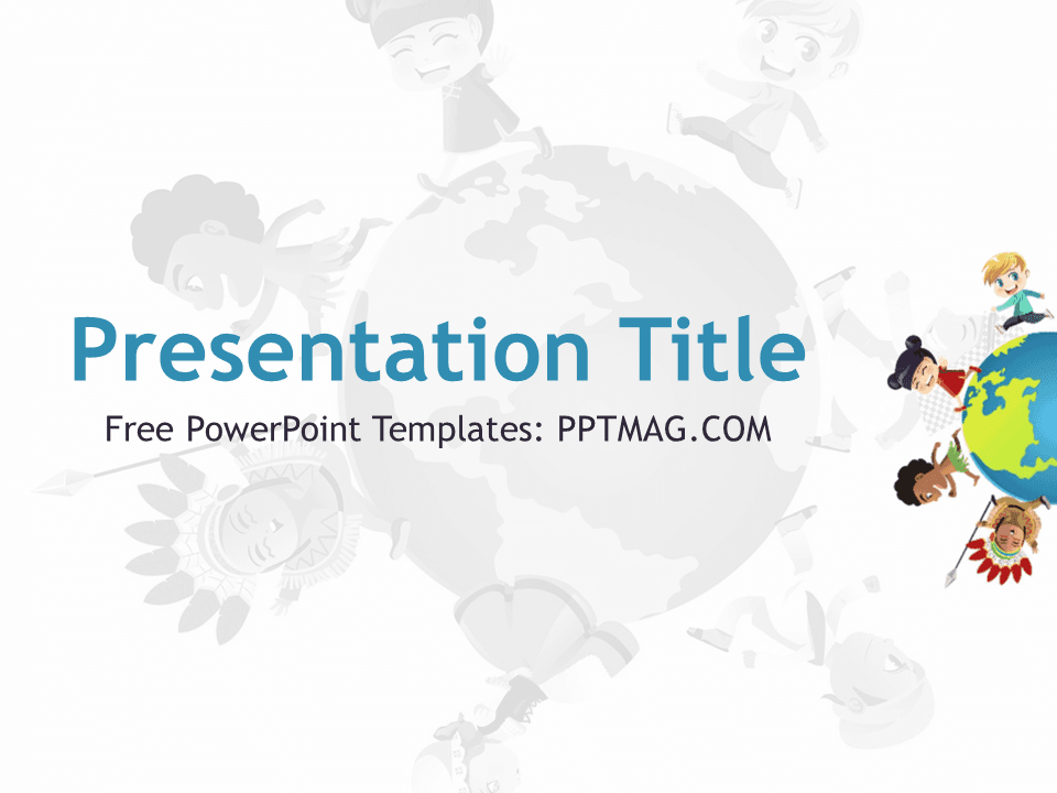 Culture PowerPoint Template cover slide with globe, diverse children, blue title text, and world map background