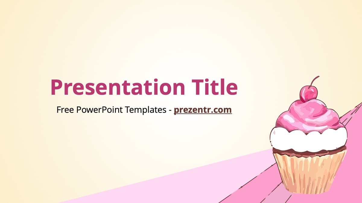 Cupcake PowerPoint Template cover slide with pink frosted cupcake illustration on cream background