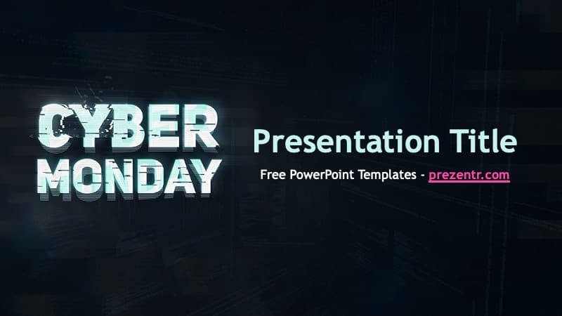 Cyber Monday PowerPoint template cover slide with glowing cyan text on dark digital background and circuit pattern design