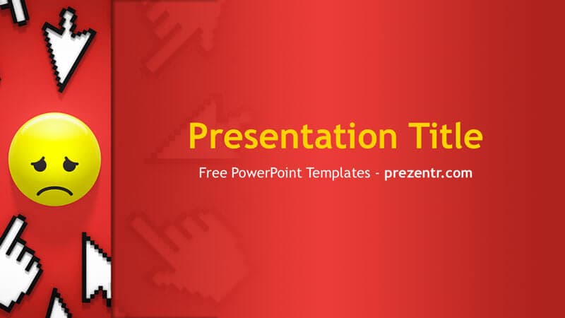 Cyberbullying PowerPoint Template cover slide with red background, sad emoji, and cursor icons