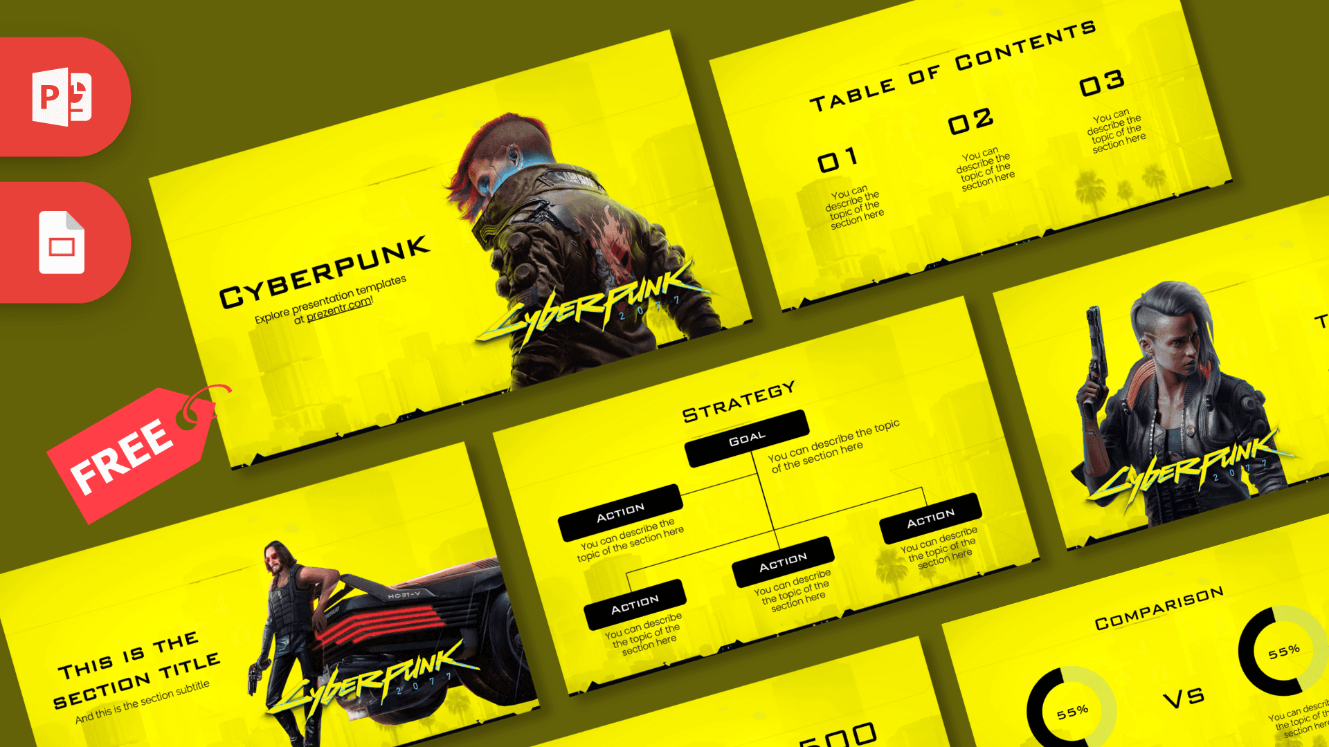 Cyberpunk PowerPoint template with yellow background, futuristic character imagery, and dark text layout