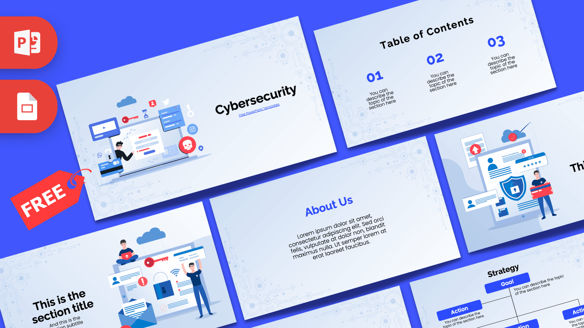 Cybersecurity PowerPoint template cover slide with blue background, illustrated security icons, and professional layout