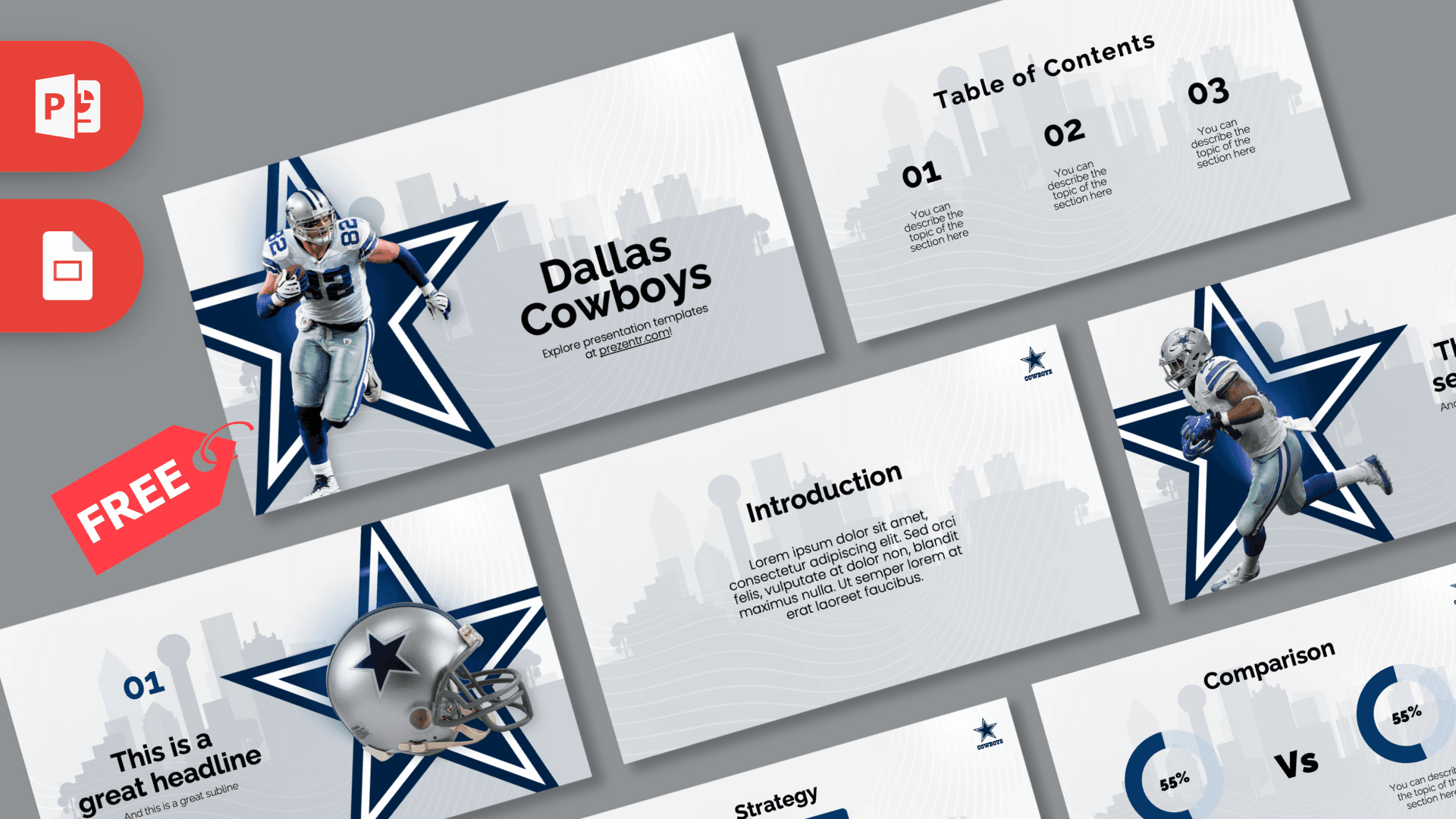 Dallas Cowboys PowerPoint template cover with navy star logo, player image, and cityscape background