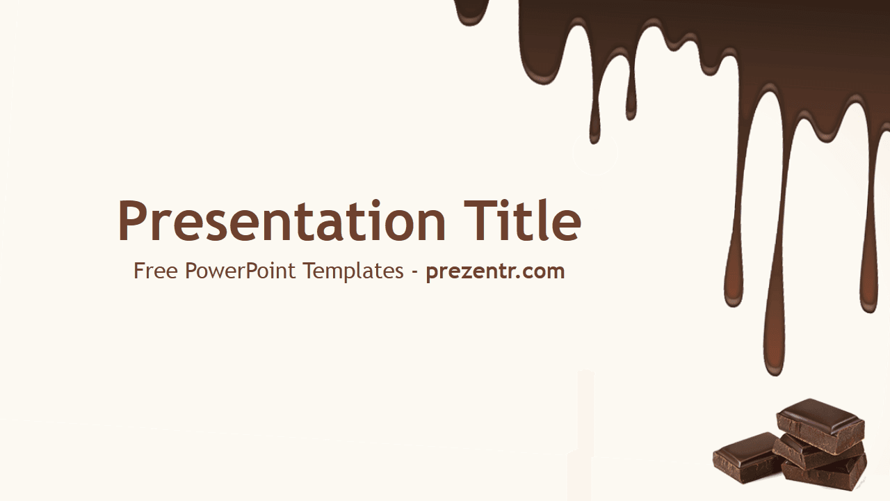 Dark Chocolate template cover slide with dripping chocolate, brown text, and chocolate pieces