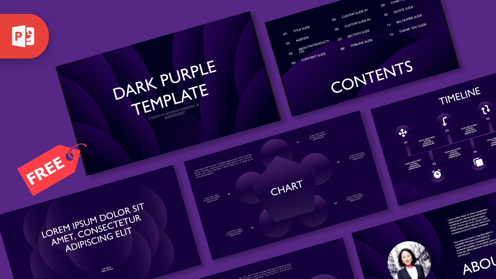 Dark Purple PowerPoint Template cover slide with geometric shapes and modern design layout
