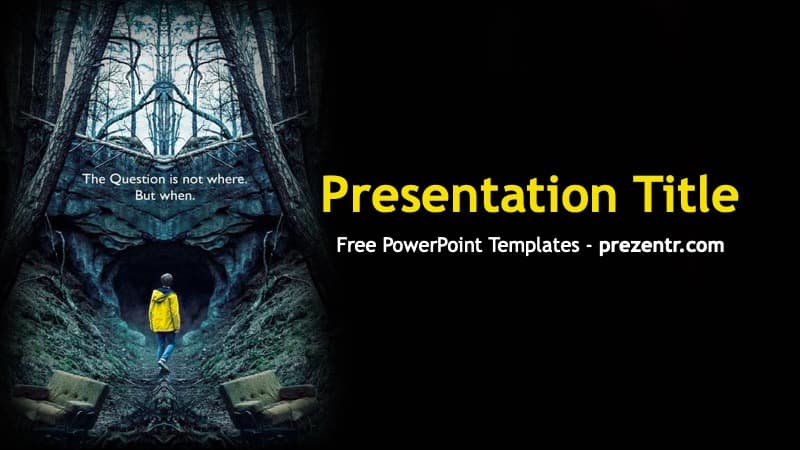 Dark PowerPoint Template: Person in yellow jacket in cave with mirrored forest imagery, motivational quote overlay