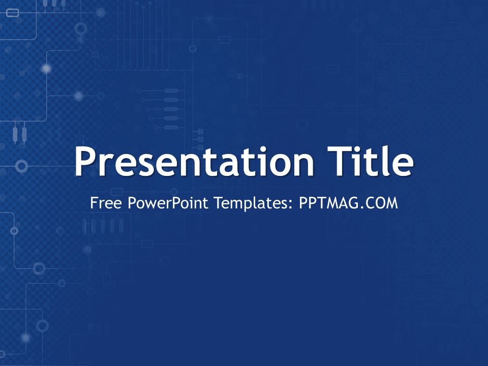 Data PowerPoint Template cover slide with blue tech background, circuit patterns, and white title text on dark blue gradient