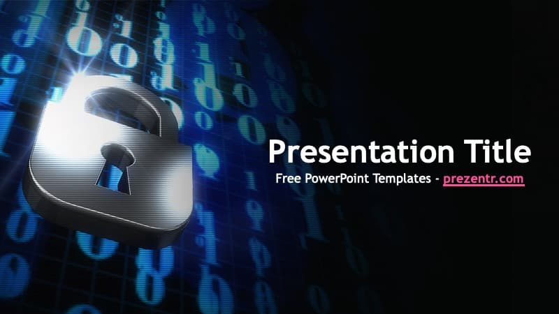 Digital padlock on binary code background with blue and black tones for Data Protection PowerPoint Template cover slide