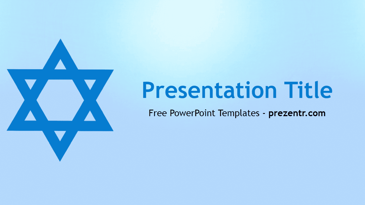 David's Star PowerPoint Template cover slide with blue Star of David on light blue background and editable title text