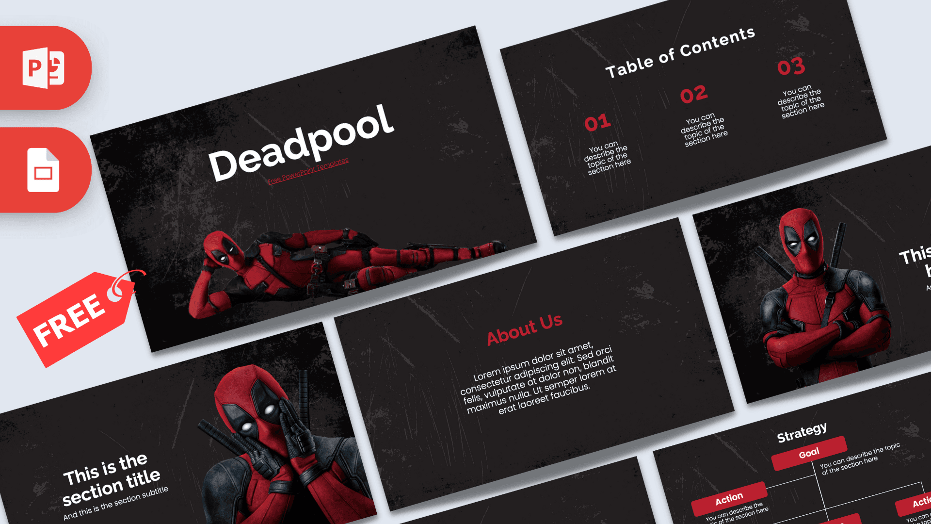 Deadpool PowerPoint template cover slide with red and black design featuring character imagery