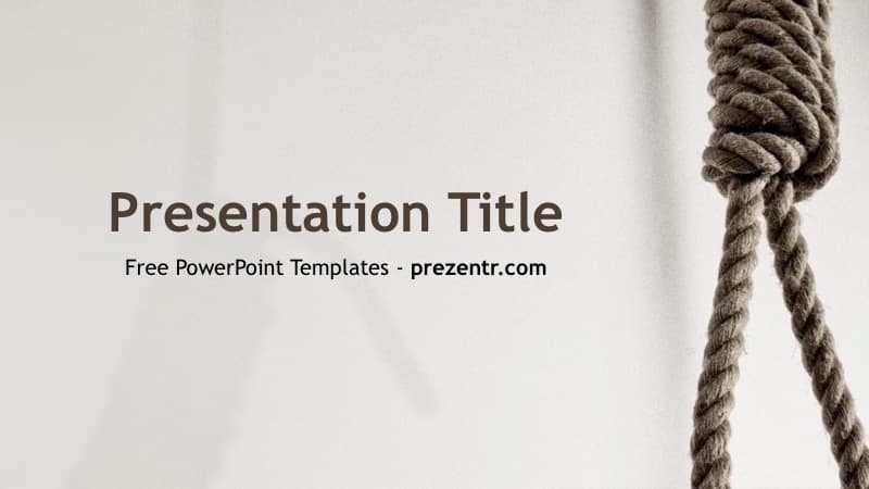 Death Penalty PowerPoint Template cover slide with noose knot against white background, title placeholder, and minimal design