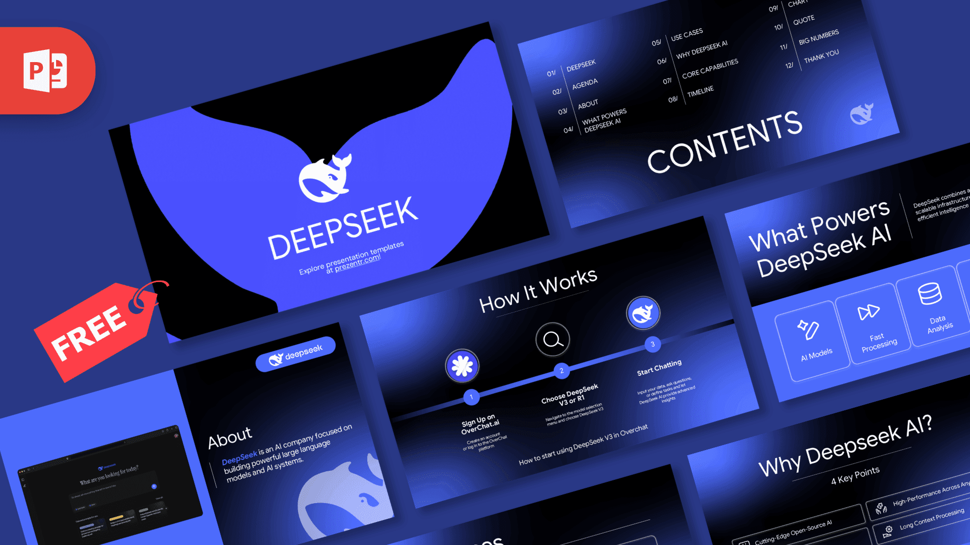 DeepSeek PowerPoint template cover slide with blue gradient design and AI logo