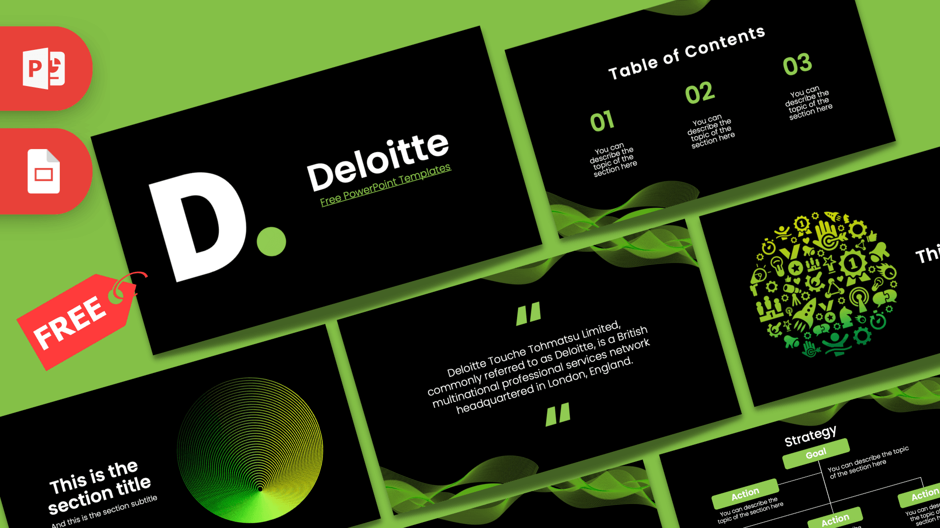 Deloitte PowerPoint template cover slide featuring black background, white "D" logo, lime green accents, and organic leaf