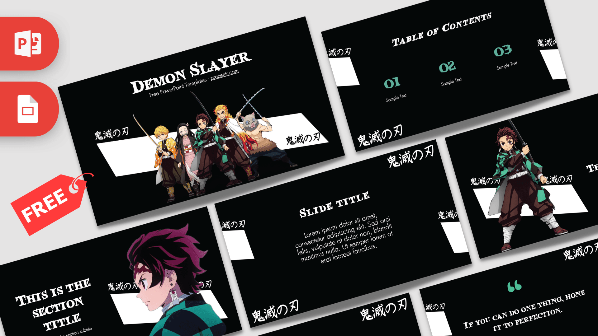 Demon Slayer PowerPoint template cover with black background, anime characters, and Japanese text
