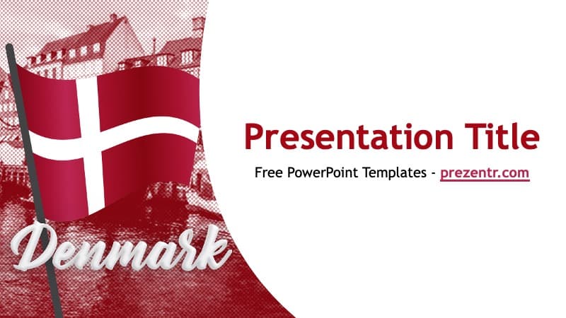 Denmark PowerPoint Template cover slide with red flag, white cross, and architectural silhouette