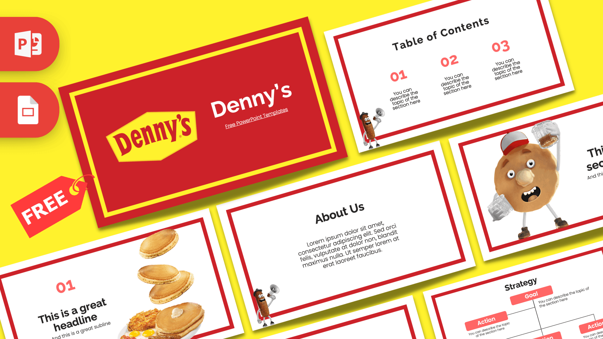 Denny's PowerPoint template cover slide with red and yellow branding, featuring pancakes and cartoon character