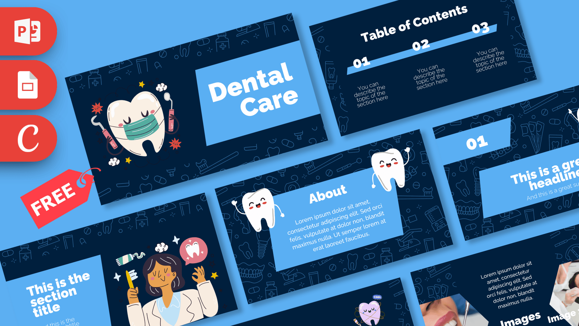 Dental Care template cover slide with cartoon tooth character, blue and dark navy layout