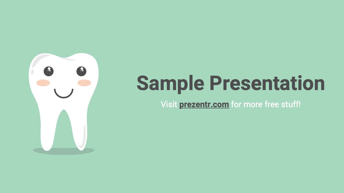 Dentistry PowerPoint Template cover slide featuring a smiling cartoon tooth on mint green background with sample text