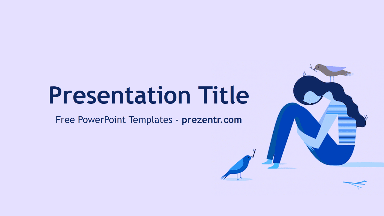 Depression PowerPoint template cover slide with blue illustration of woman holding papers and birds against lavender