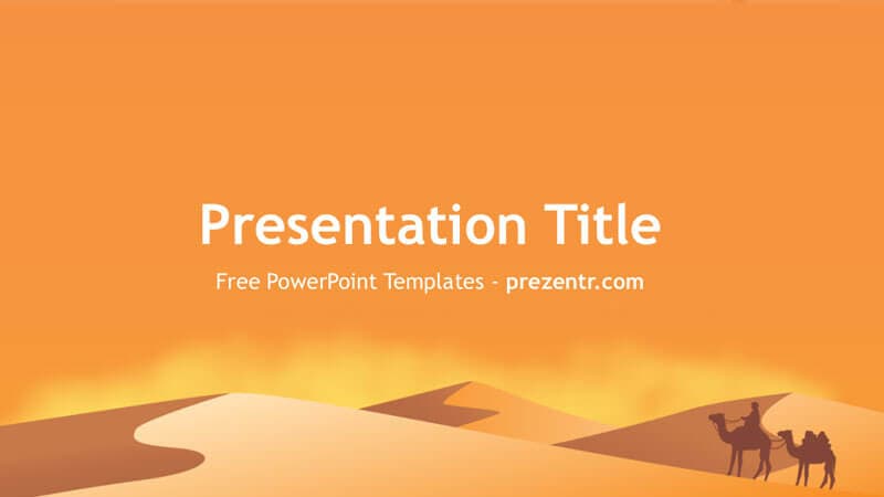 Desert PowerPoint Template cover slide with orange gradient sky, sand dunes, silhouetted camel caravan, and white title text