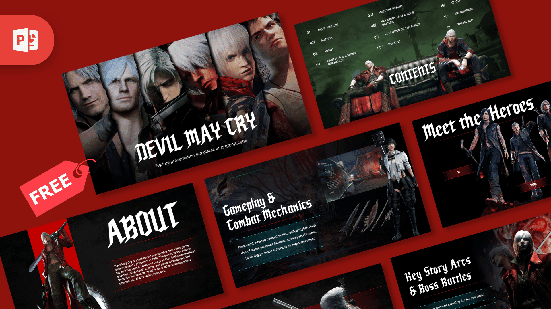Devil May Cry red presentation template with game characters and dark aesthetic layout