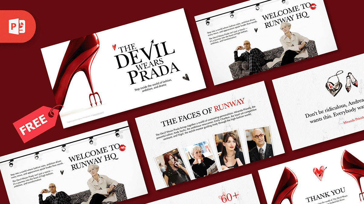 Devil Wears Prada template cover with red heels, white background, and fashion-themed layout