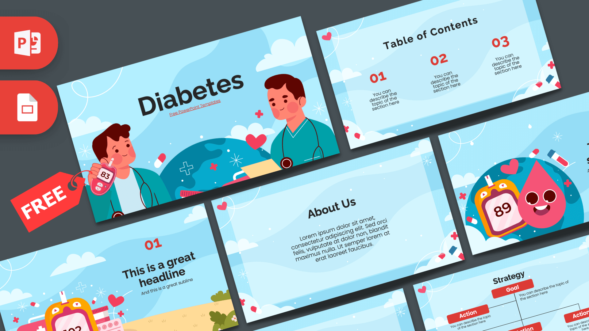 Diabetes PowerPoint template cover slide with healthcare illustration and light blue cloud design