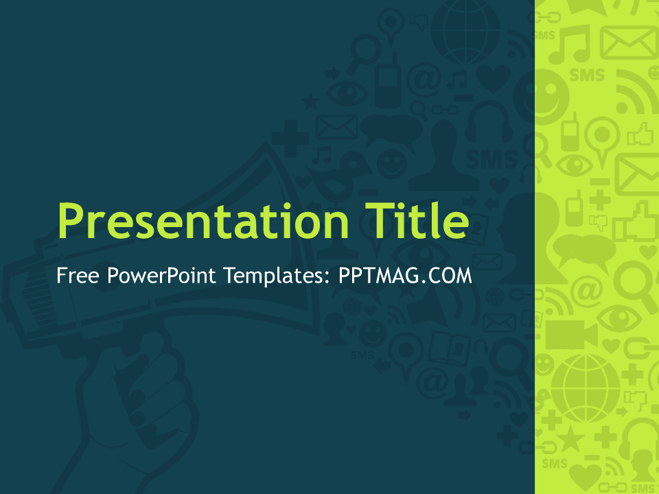Digital Marketing PowerPoint template cover slide with teal and lime green colors, social media icons