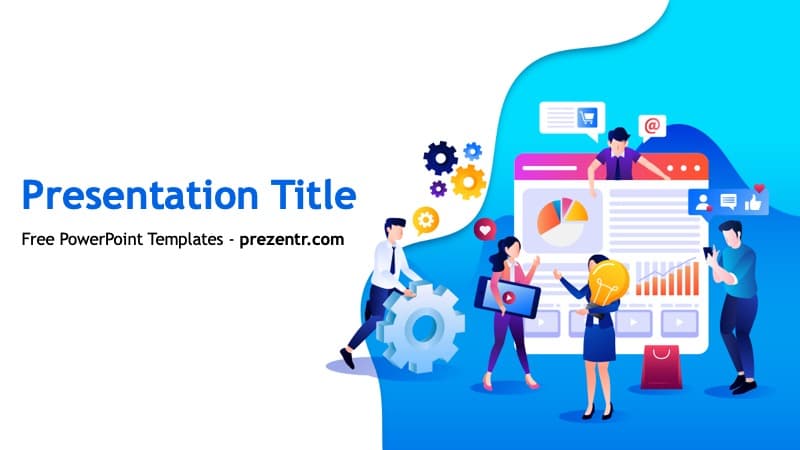 Digital Marketing Proposal template cover slide with blue gradient background and illustrated team collaborating on charts