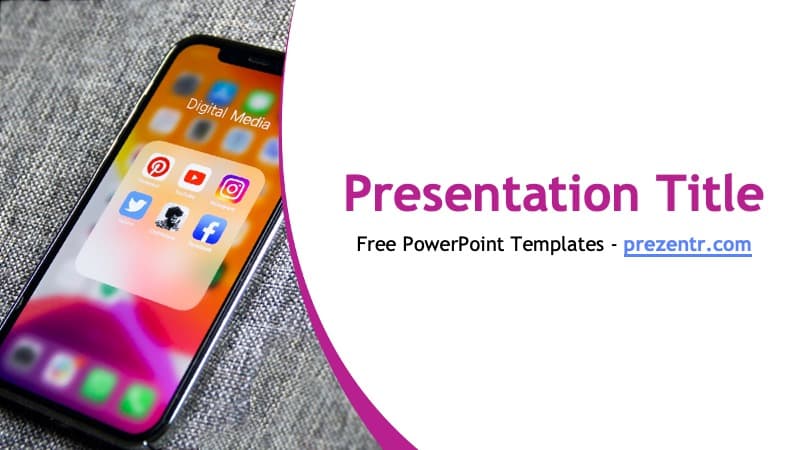 Digital Media PowerPoint Template cover slide with smartphone displaying social media apps on purple and white background