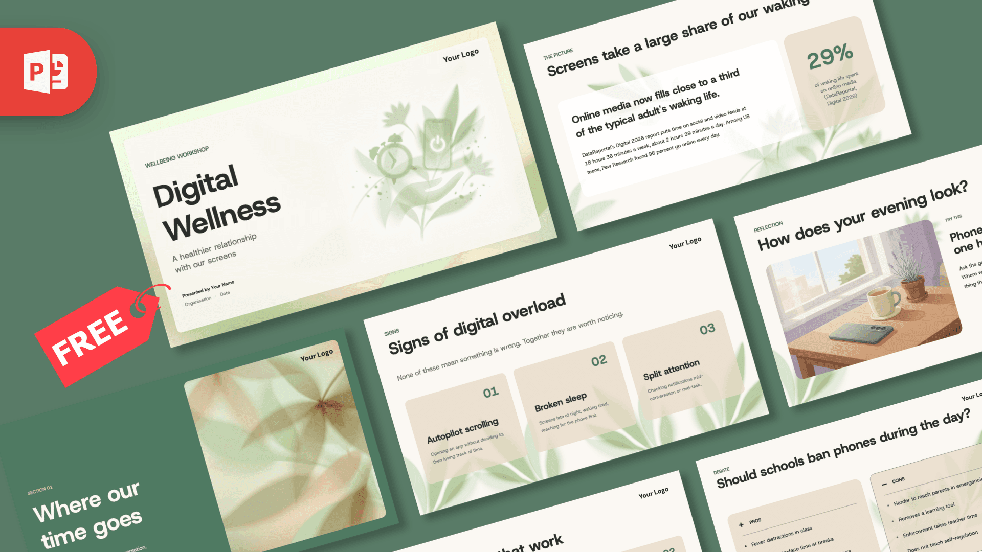 Digital Wellness PowerPoint Template – preview of all slides