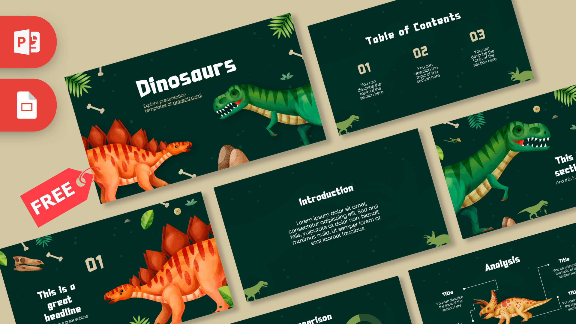 Dinosaurs PowerPoint template cover slide with green background, illustrated orange Stegosaurus and green T-Rex dinosaurs
