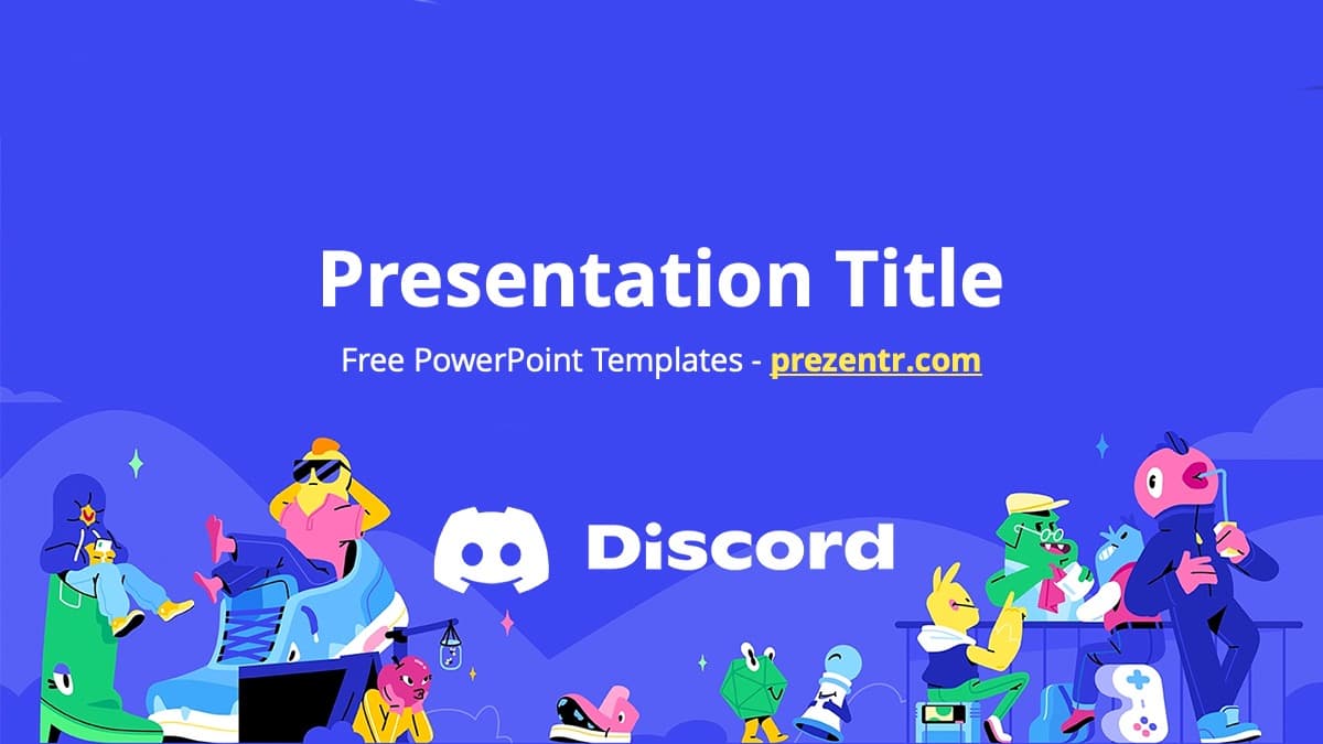 Discord PowerPoint Template cover slide with blue gradient background, white Discord logo, and colorful illustrated