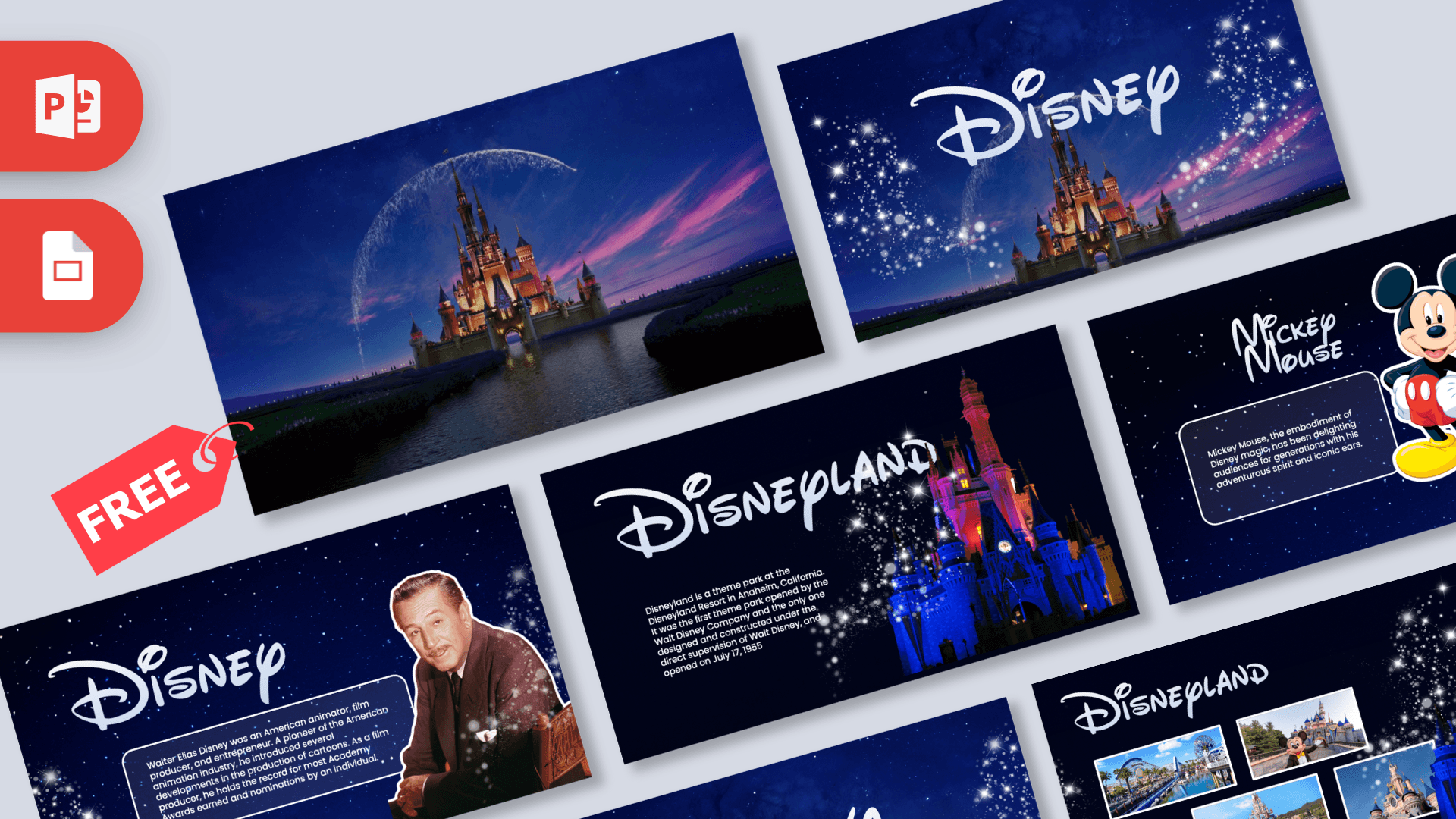 Disney PowerPoint Templates featuring castle icons and dark blue starry background layouts