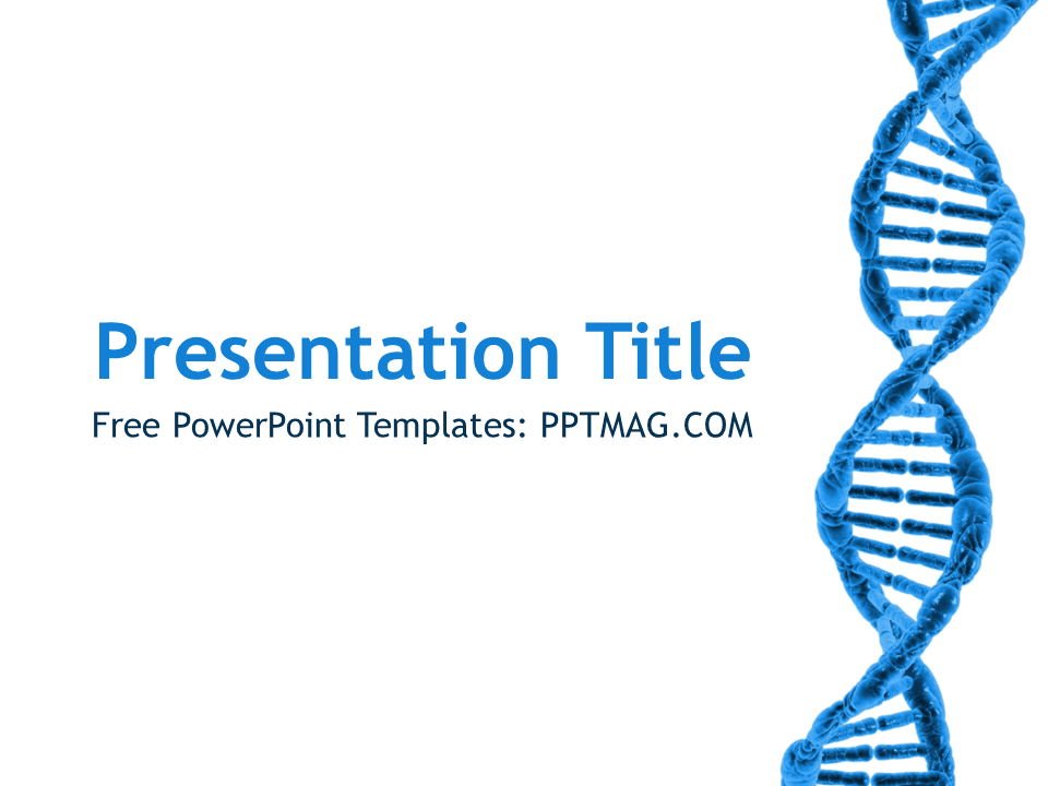Blue DNA helix on right side of DNA PowerPoint Template title slide with white background and editable text areas