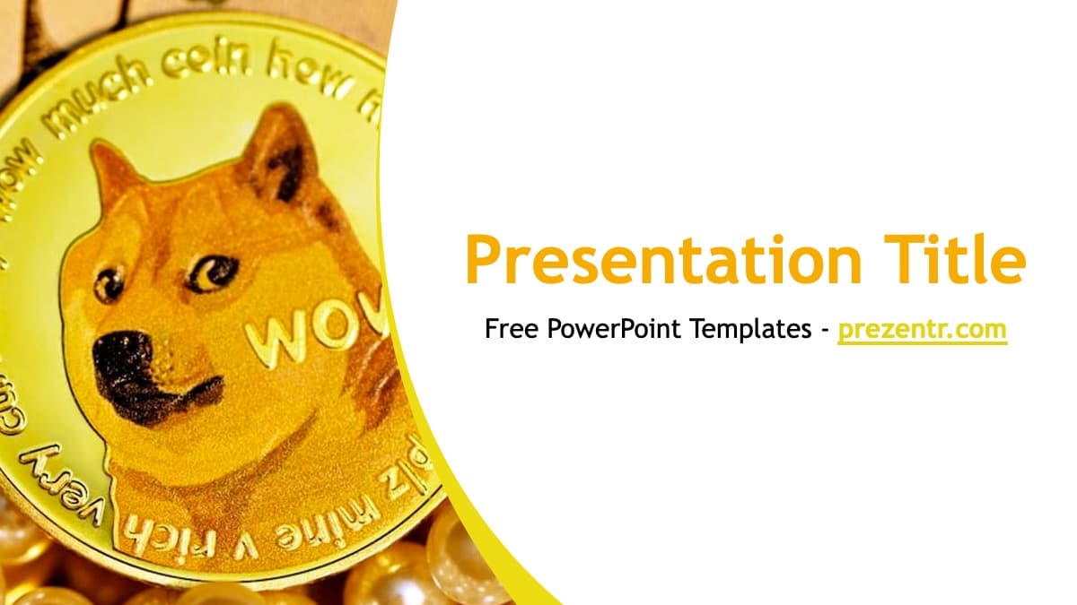 Dogecoin PowerPoint Template cover slide featuring yellow coin with Shiba Inu dog portrait