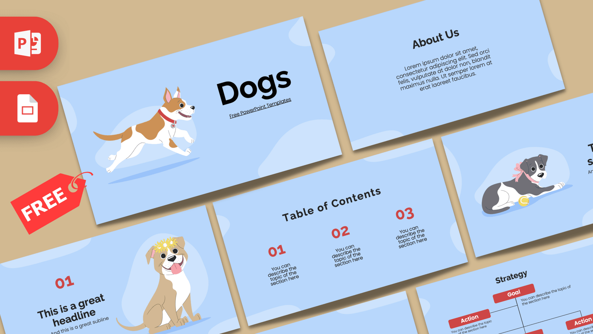 Dogs PowerPoint Template cover slide with light blue background, cartoon dog illustration, and title text on beige surface
