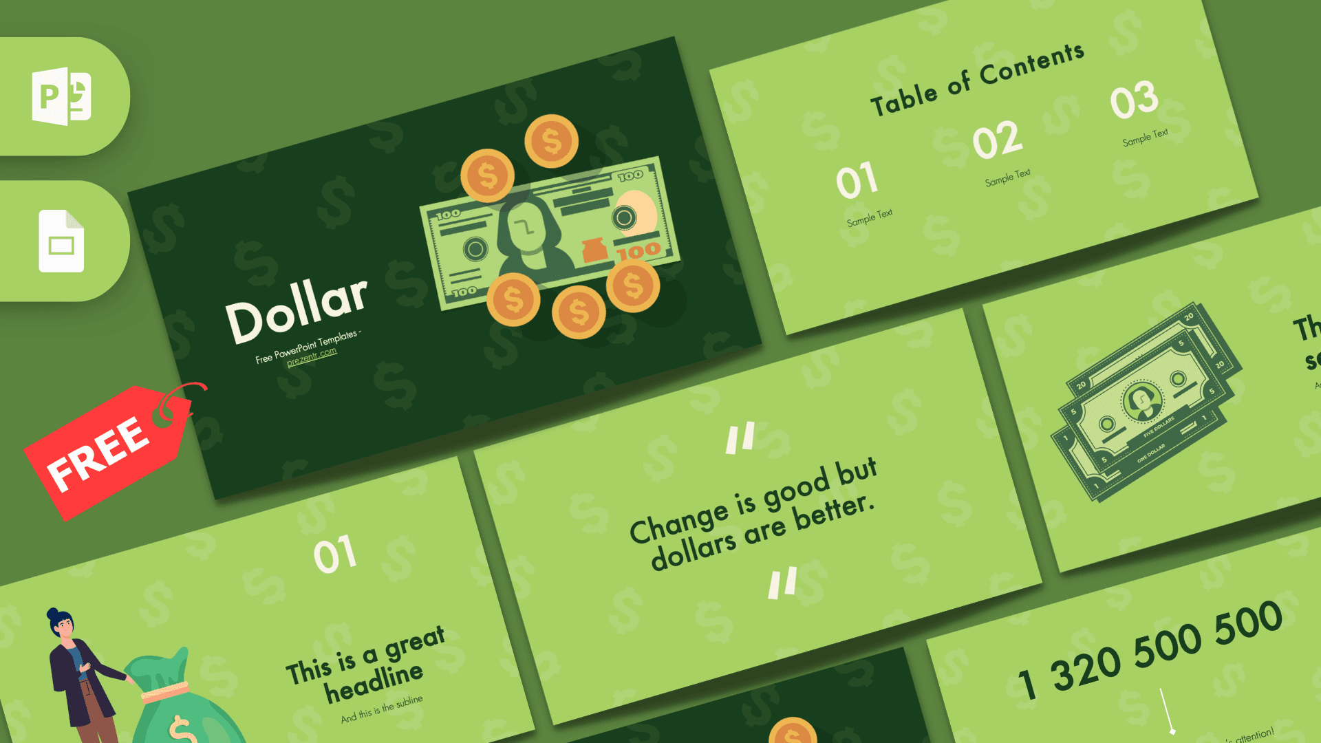 Dollar PowerPoint template cover with green background, dollar bill, coins, and financial graphics
