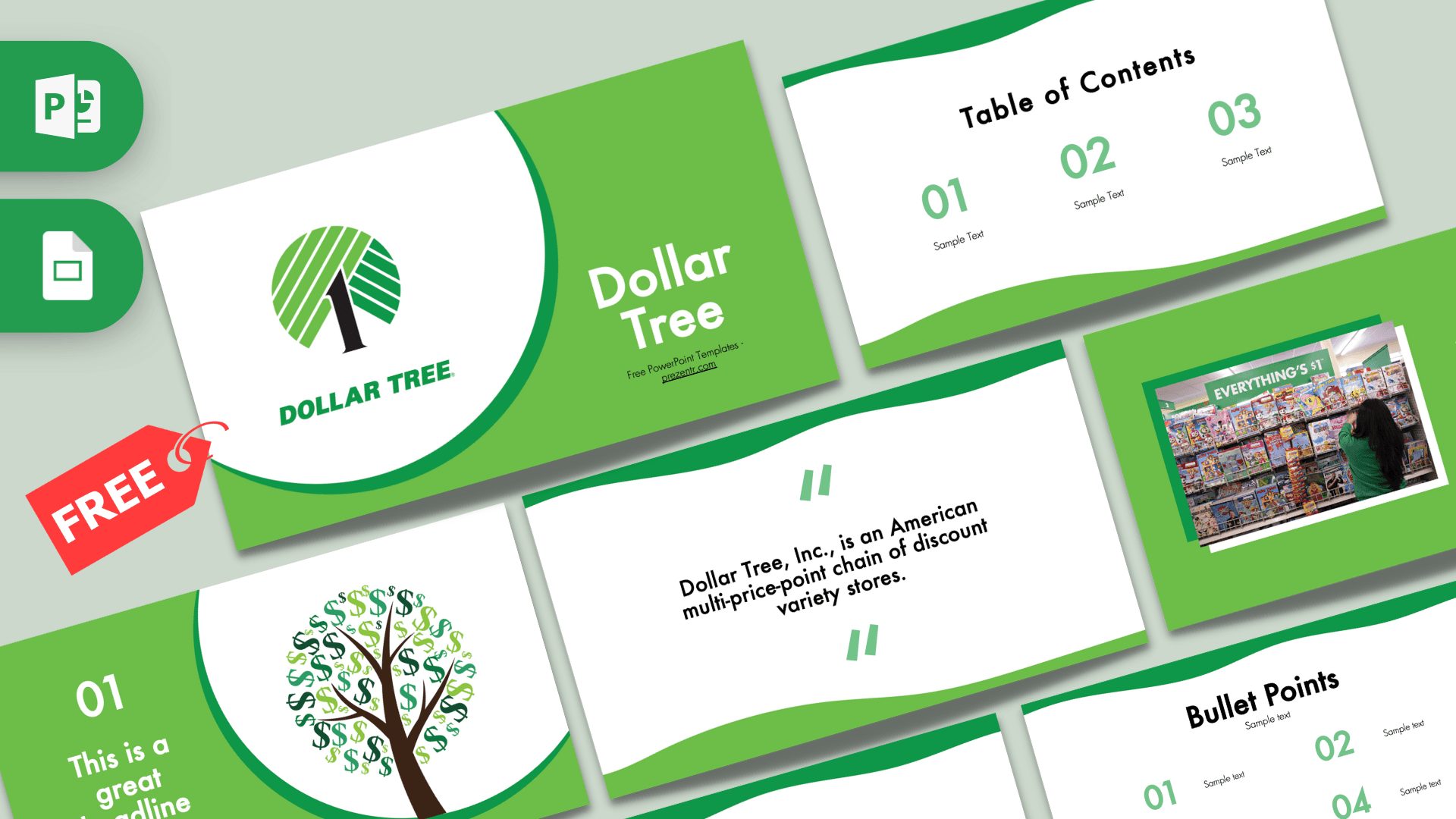 Dollar Tree PowerPoint Template cover slide with green curved design, tree logo, and white space for content