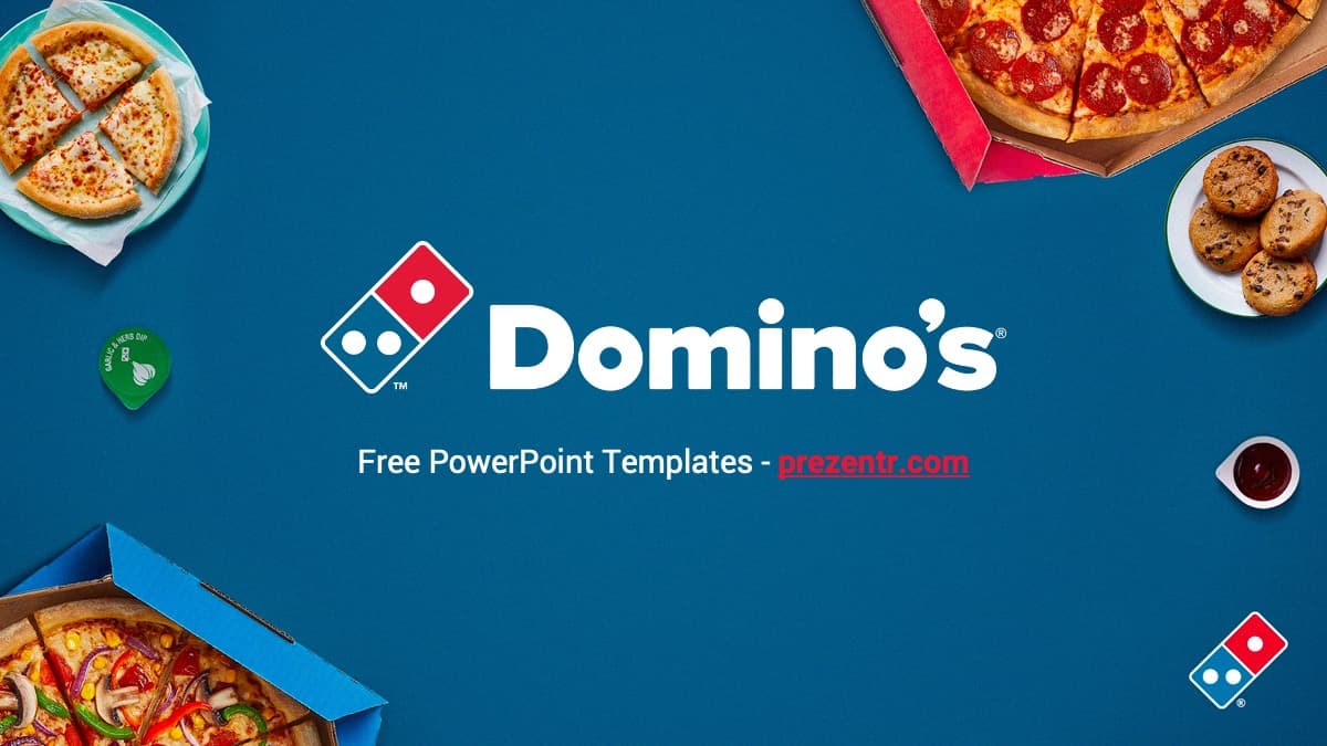 Domino's Pizza PowerPoint Template cover slide with blue background, logo, and food imagery